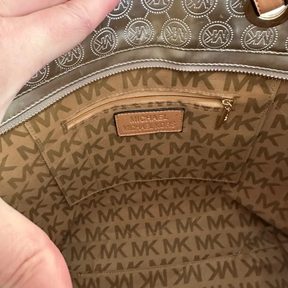 Michael Kors Metallic Silver Embossed Logo Statement Tote Bag Tan Leather Straps